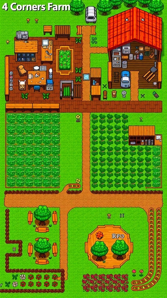 4 Corners farm layout in Stardew Valley with sections for crops, animals, crafting, and decoration.